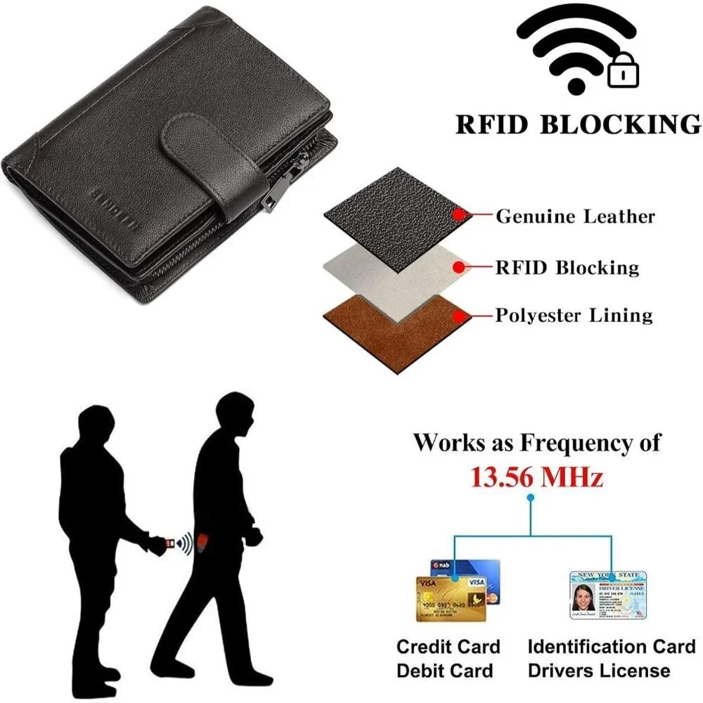 Men's F-Coffee Genuine Leather Bifold Wallet Blocking Credit Card Coin Pocket